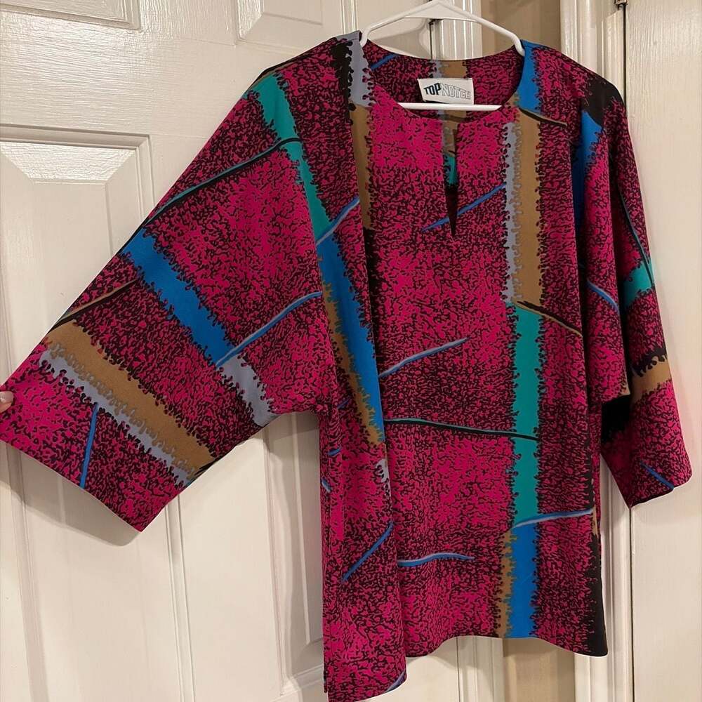 Topnotch Vintage 80s Abstract Graphic Print Keyhole Neck Blouse Top - Picture 4 of 6